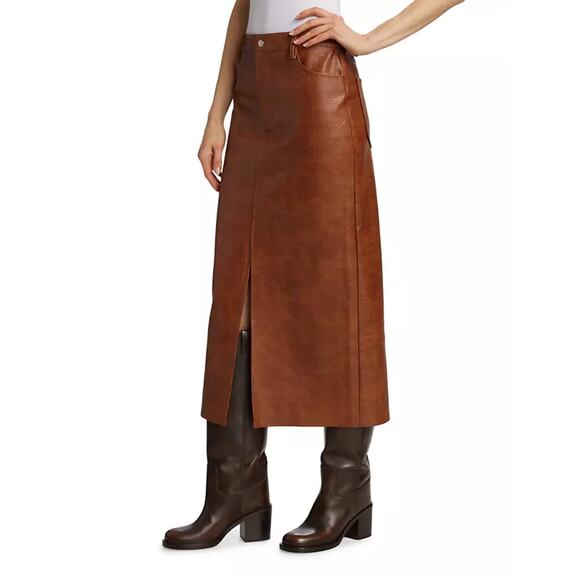 New WAYF Roberta Croc Embossed Midi Skirt in Brown Faux Leather Size L - Picture 3 of 13